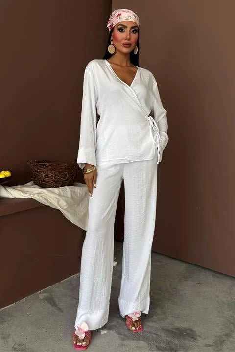 Kruvaze Model Klasik Pantolonlu Çupra Keten Takım 10191