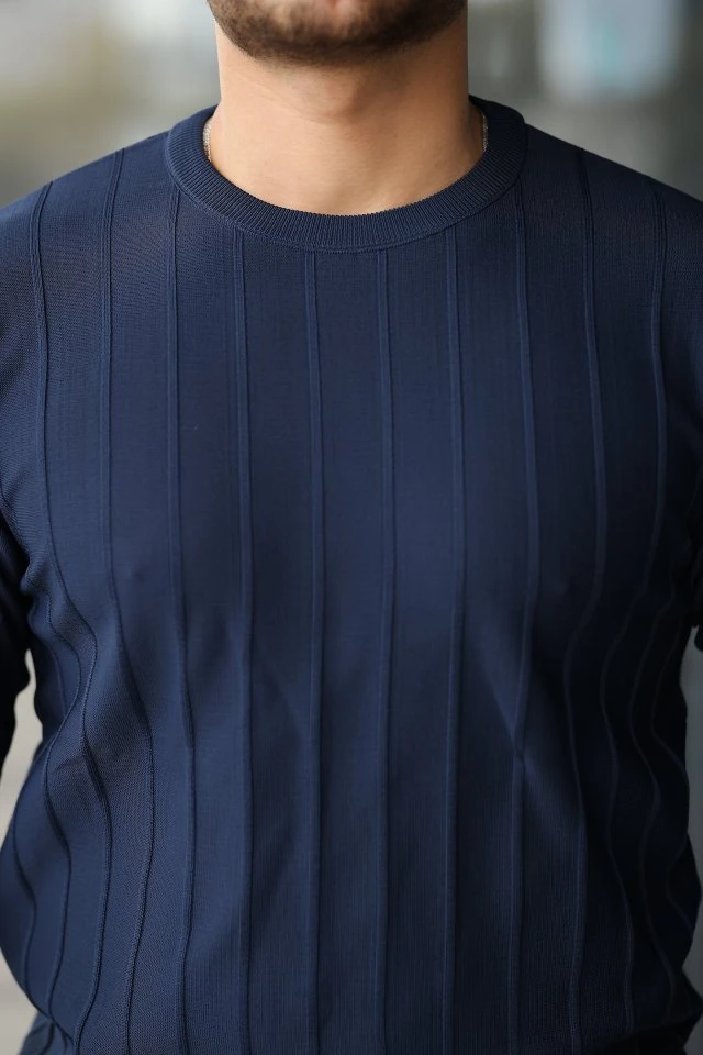 Erkek Bisiklet Yaka çizgi Kabartmalı Uzun Kollu Triko