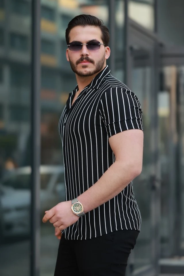 Erkek Kısa Kollu Beyaz çizgi Desenli örme Kumaş Pamuklu Gömlek