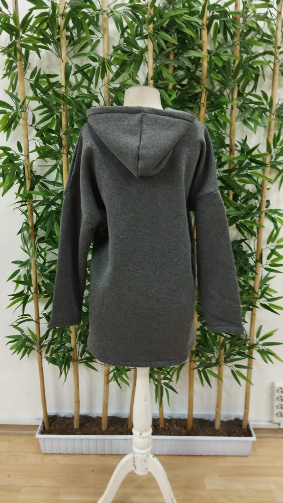 Kadın Uzun Kollu Kapşonlu Fermuar Detaylı Cepli Uzun üç Iplik Ceket