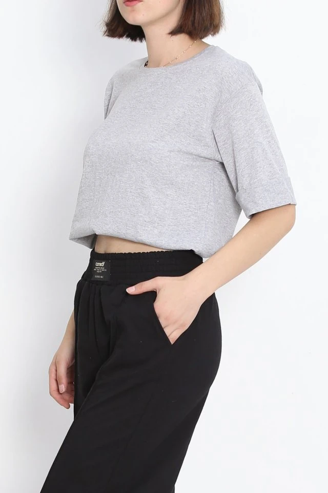 Büyük Beden Duble Kol Tişört Gri  