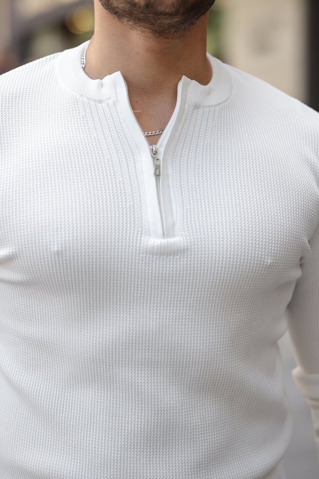 Erkek Fermuarlı Bisiklet Yaka Dokulu Uzun Kollu Triko