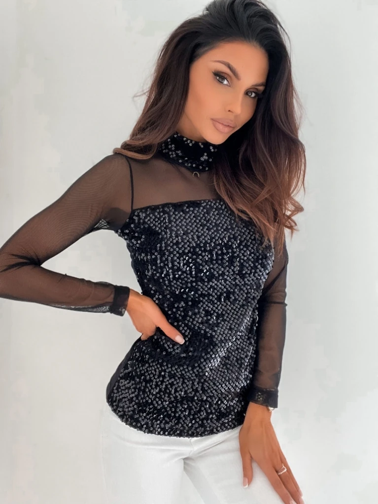 Kadın Siyah Uzun Kollu Kolları Ve Dekolte Tül Ve Payet Detay Balıkçı Yaka Bluz