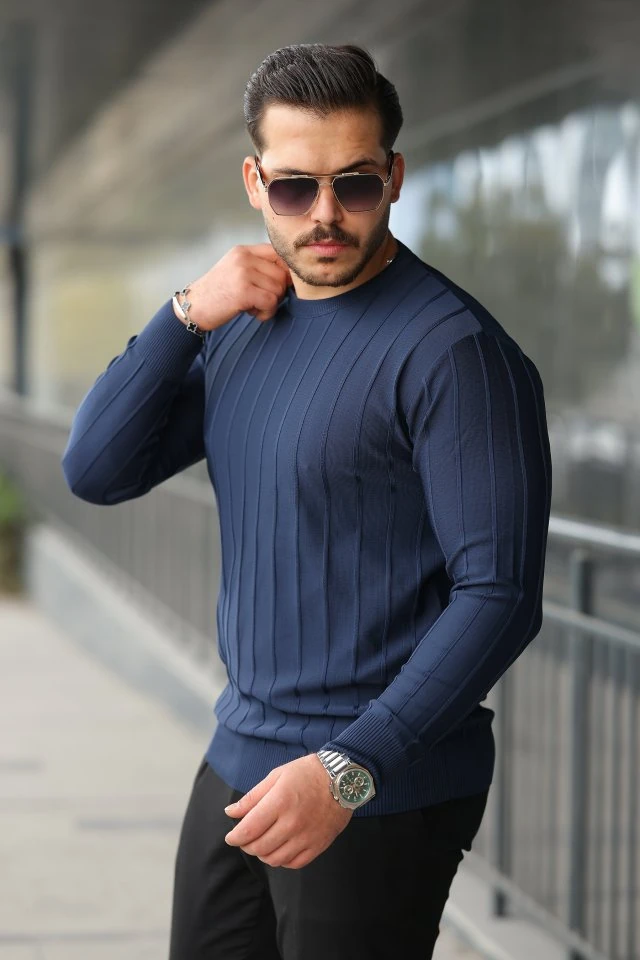 Erkek Bisiklet Yaka çizgi Kabartmalı Uzun Kollu Triko