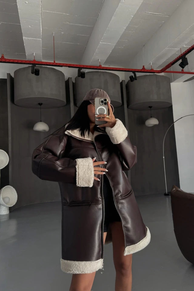 DERİ MONT KOL VE YAKA PELUŞ KAPAKSIZ CEP DETAYLI - Kahverengi