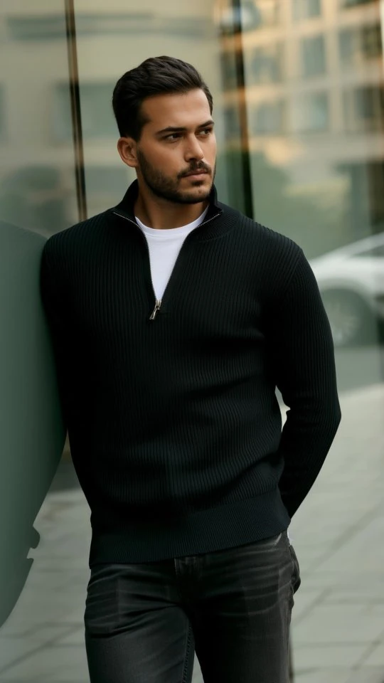 Erkek Balıkçı Zip Yaka Uzun Kollu Triko