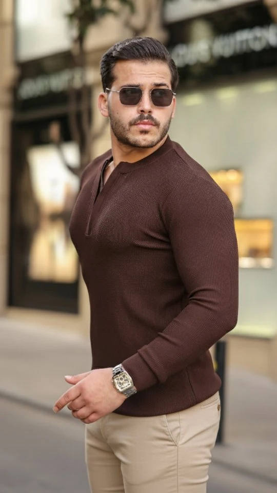 Erkek Fermuarlı Bisiklet Yaka Dokulu Uzun Kollu Triko