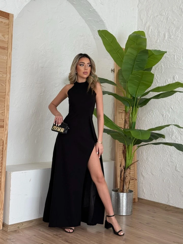 Kadın Halter Yaka Derin Yırtmaç Detaylı Tam Boy Ithal Krep Abiye Elbise