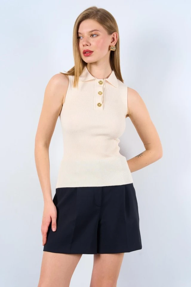 Patlı Düğmeli Triko Atlet - Beyaz Kayısı