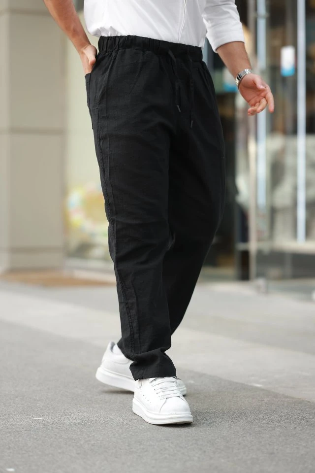 Erkek Beli Lastikli Keten Rahat Pantolon