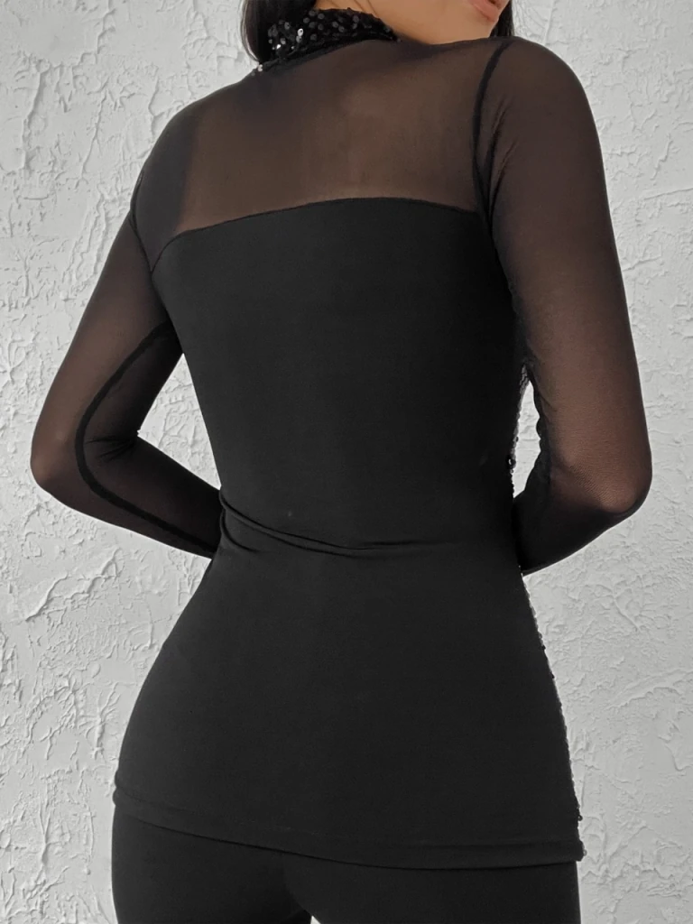 Kadın Siyah Uzun Kollu Kolları Ve Dekolte Tül Ve Payet Detay Balıkçı Yaka Bluz