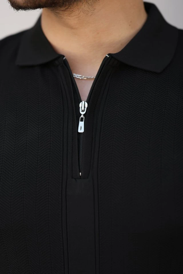 Erkek Yakası Fermuarlı Kısa Kollu T-shirt