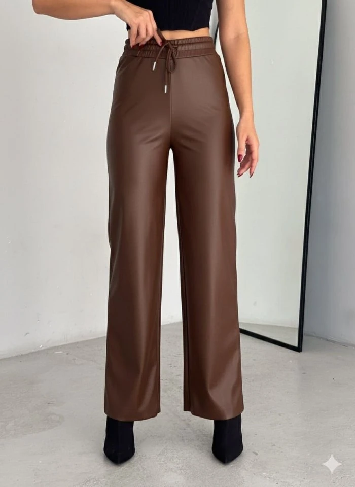 Yüksek Bel Geniş Paça Içi şardonlu Deri Pantolon.