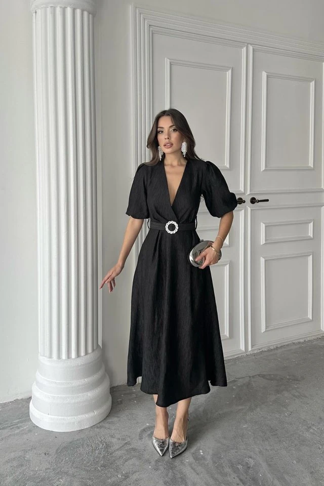 Siyah Işıltılı Kemerli Kruvaze Elbise