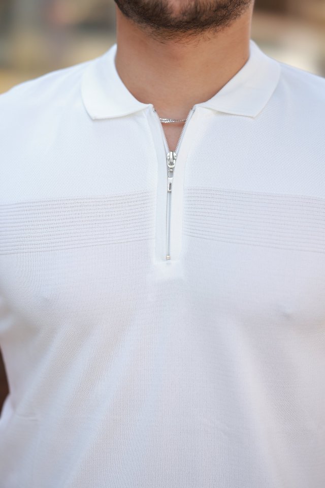 Erkek Göğüs Pirinç Desenli Fermuar Yakalı Kısa Kollu Tişört