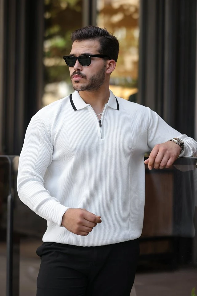 Erkek Yakaları çizgi Detaylı Selanik örme Triko