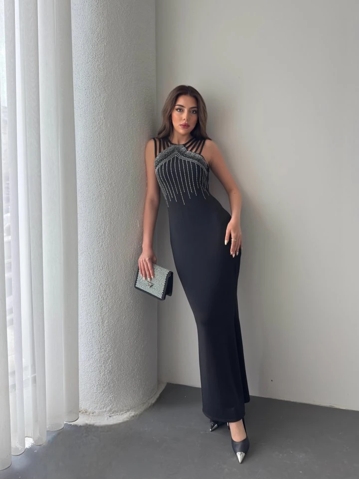 Kadın Omuz çoklu Askılı önü Taş Işlemeli Balık Kesim Janjan Krep Maxi Boy Elbise