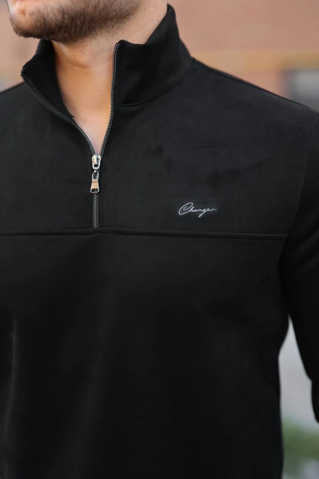 Erkek Süet Yarım Fermuar Dik Yaka Sweat