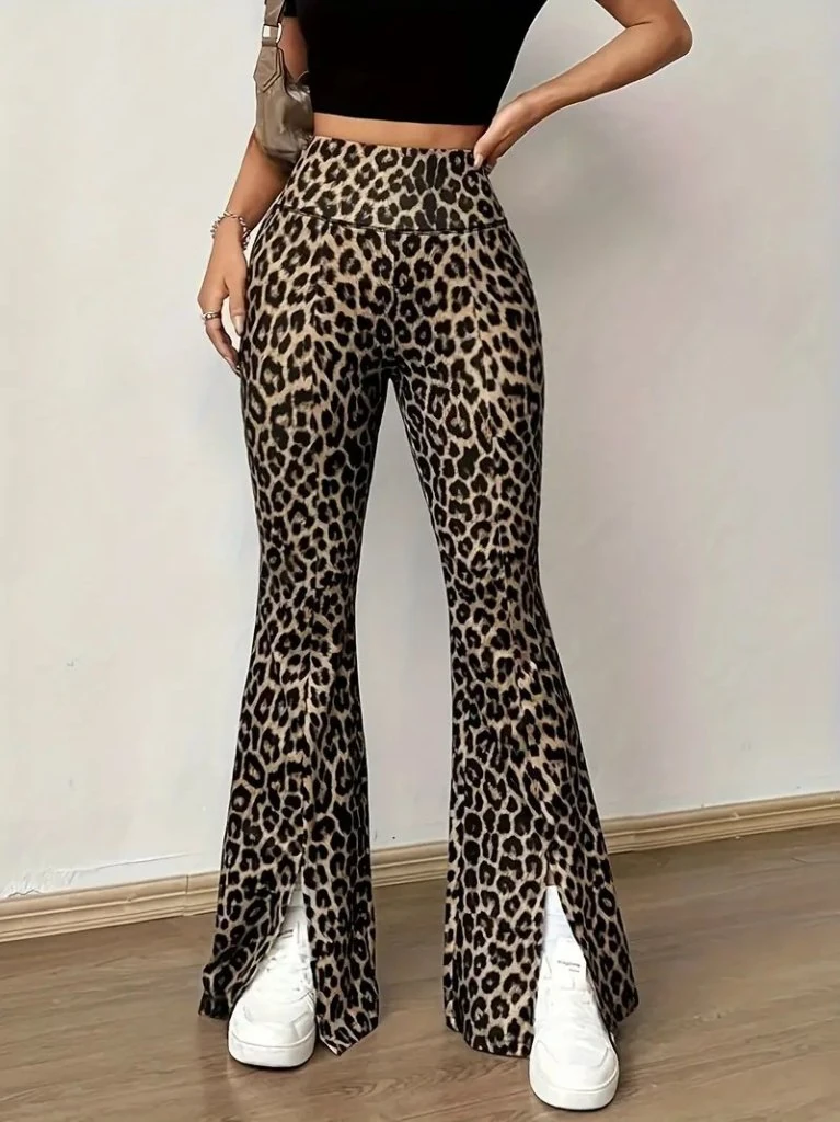 Kadın Yüksek Bel Leopar Desenli Yırtmaçlı Dalgıç Tayt