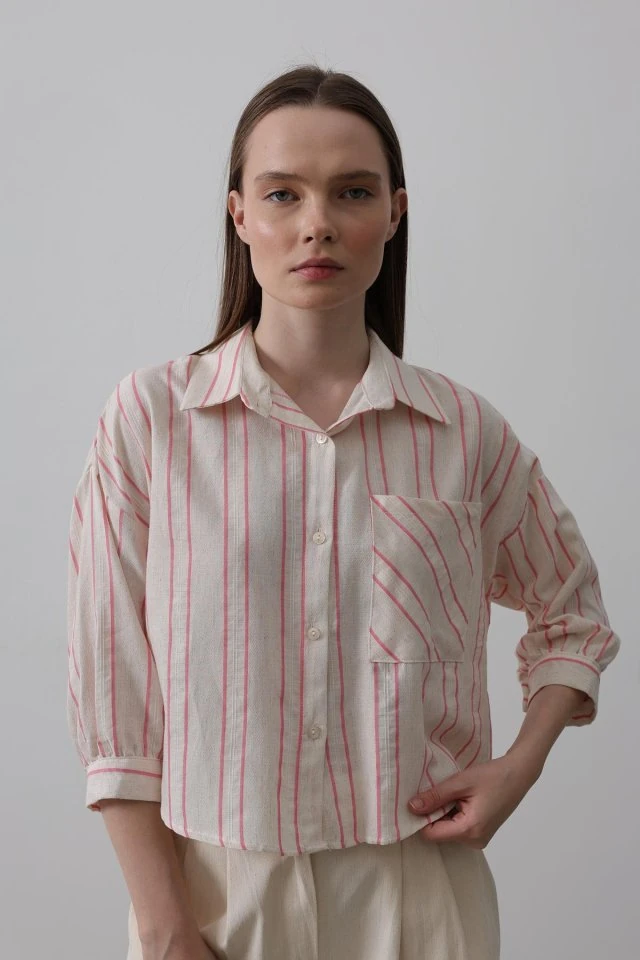 Çizgili Kısa Gömlek - Bej Pembe