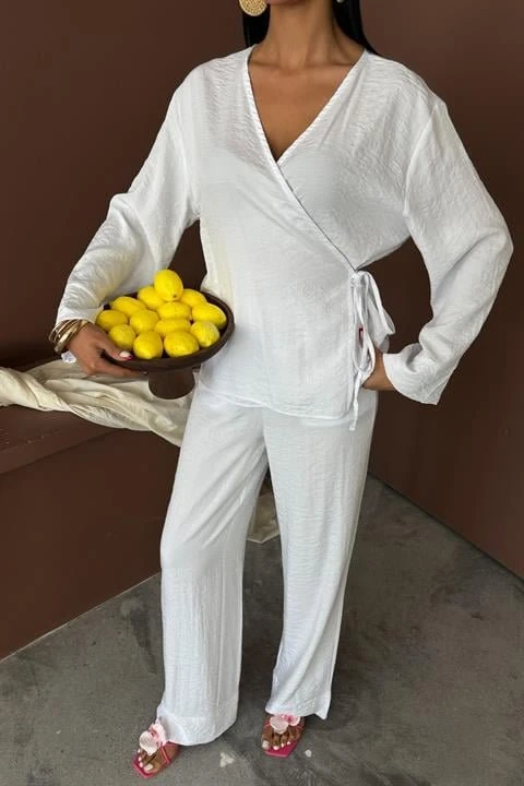 Kruvaze Model Klasik Pantolonlu Çupra Keten Takım 10191