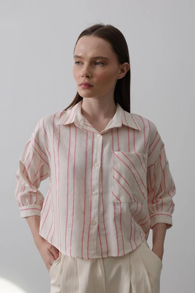 Çizgili Kısa Gömlek - Bej Pembe
