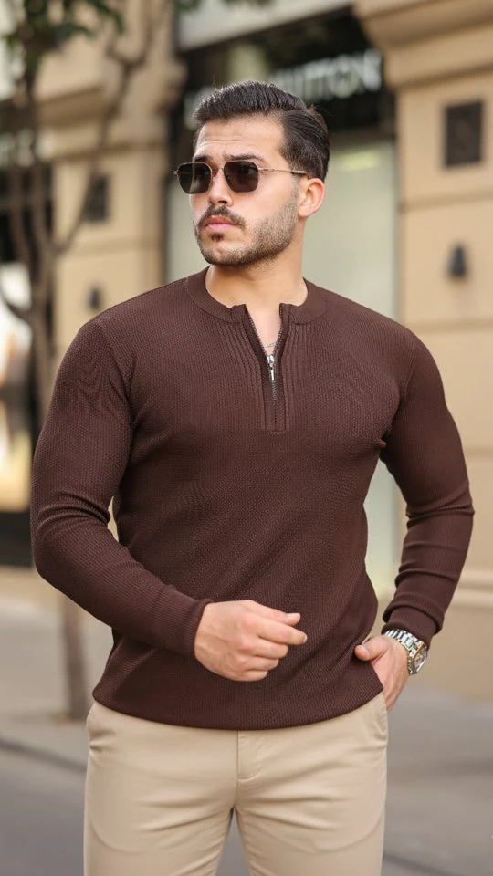 Erkek Fermuarlı Bisiklet Yaka Dokulu Uzun Kollu Triko