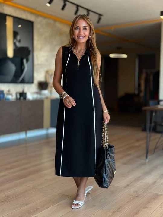 Kadın Modal Kumaş şerit Detaylı Fermuarlı Midi Elbise