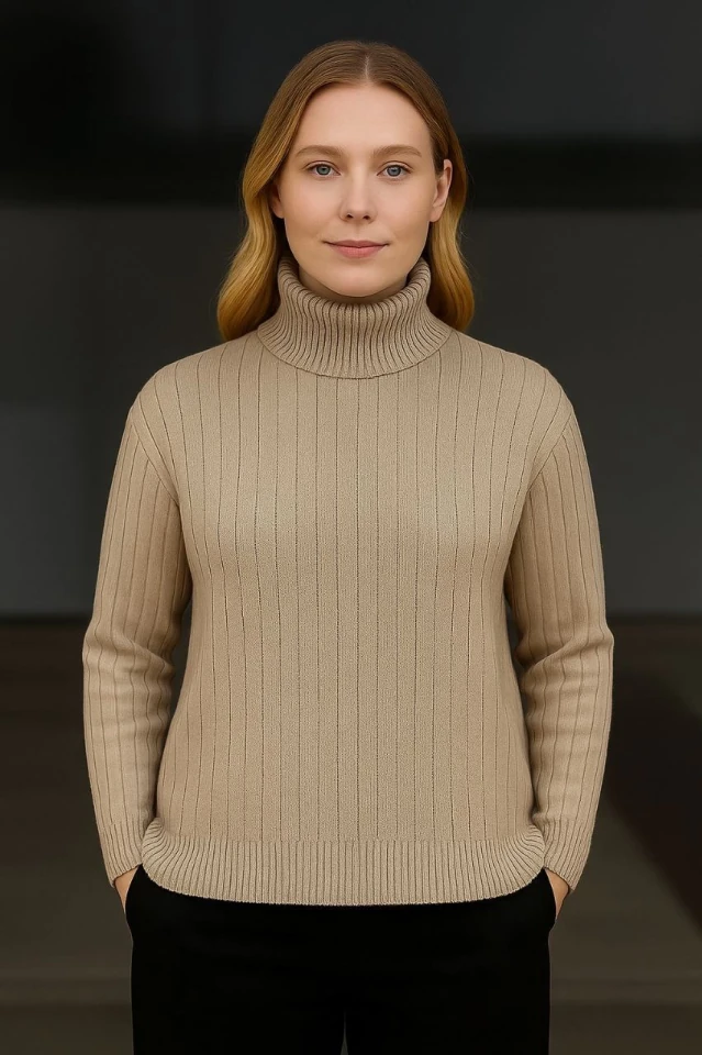 Balıkcı Yaka Bağazlı Triko Kazak Pamuklu Kalın Fitilli Dokuma - Bej