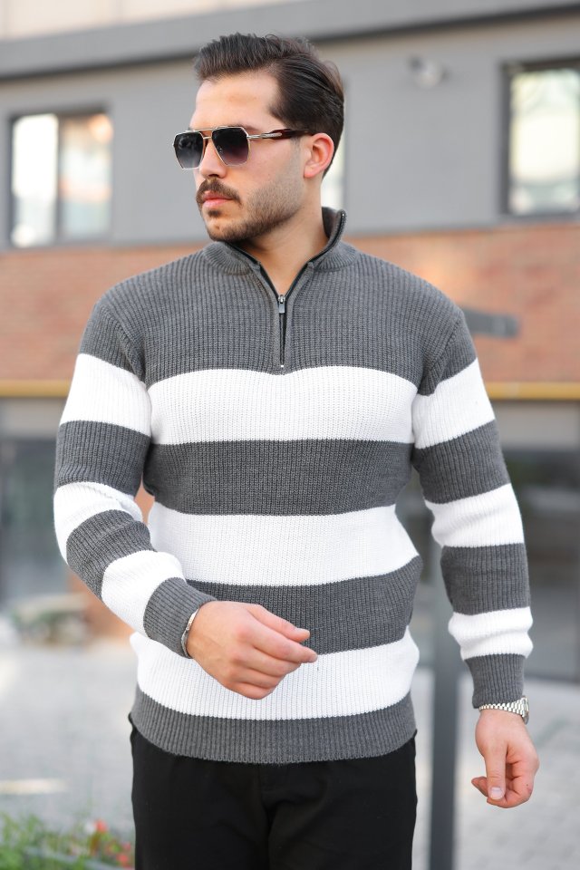 Erkek Şerit Renk Desenli Zip Yaka Kazak