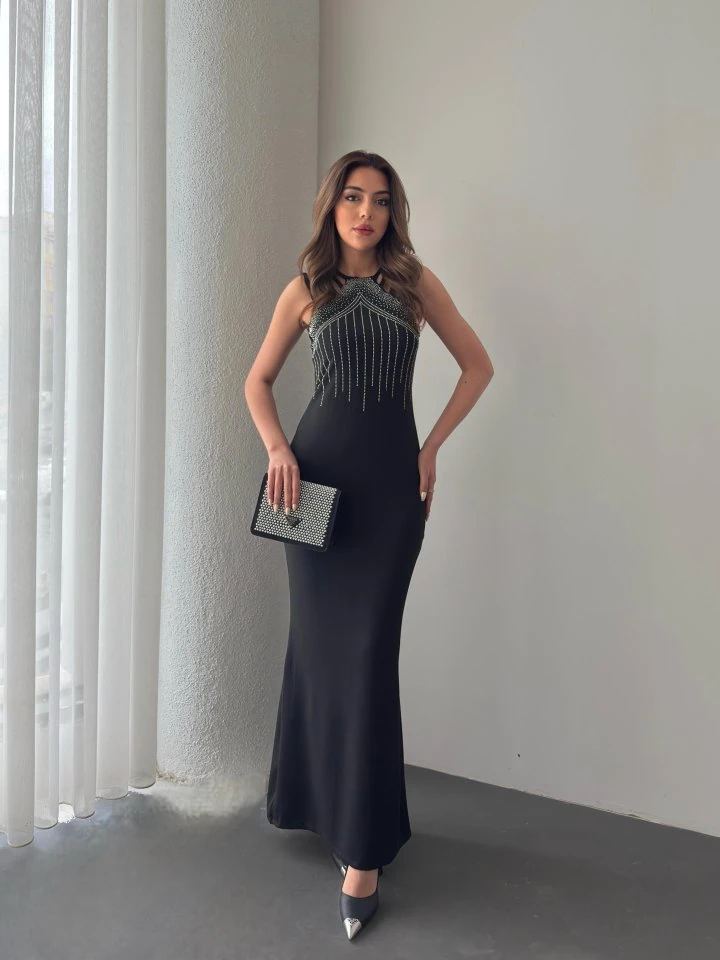 Kadın Omuz çoklu Askılı önü Taş Işlemeli Balık Kesim Janjan Krep Maxi Boy Elbise