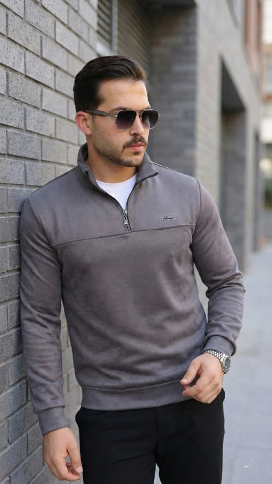Erkek Süet Yarım Fermuar Dik Yaka Sweat
