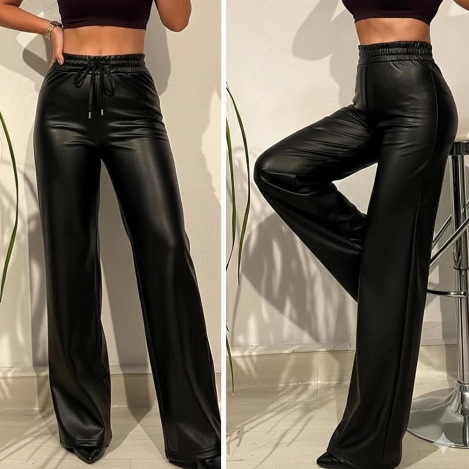 Yüksek Bel Geniş Paça Içi şardonlu Deri Pantolon.