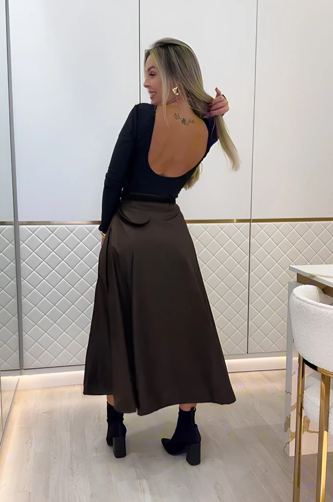 Kadın Yüksek Belli Maxi Deri Kemersiz Etek