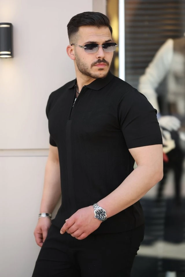 Erkek Yakası Fermuarlı Kısa Kollu T-shirt
