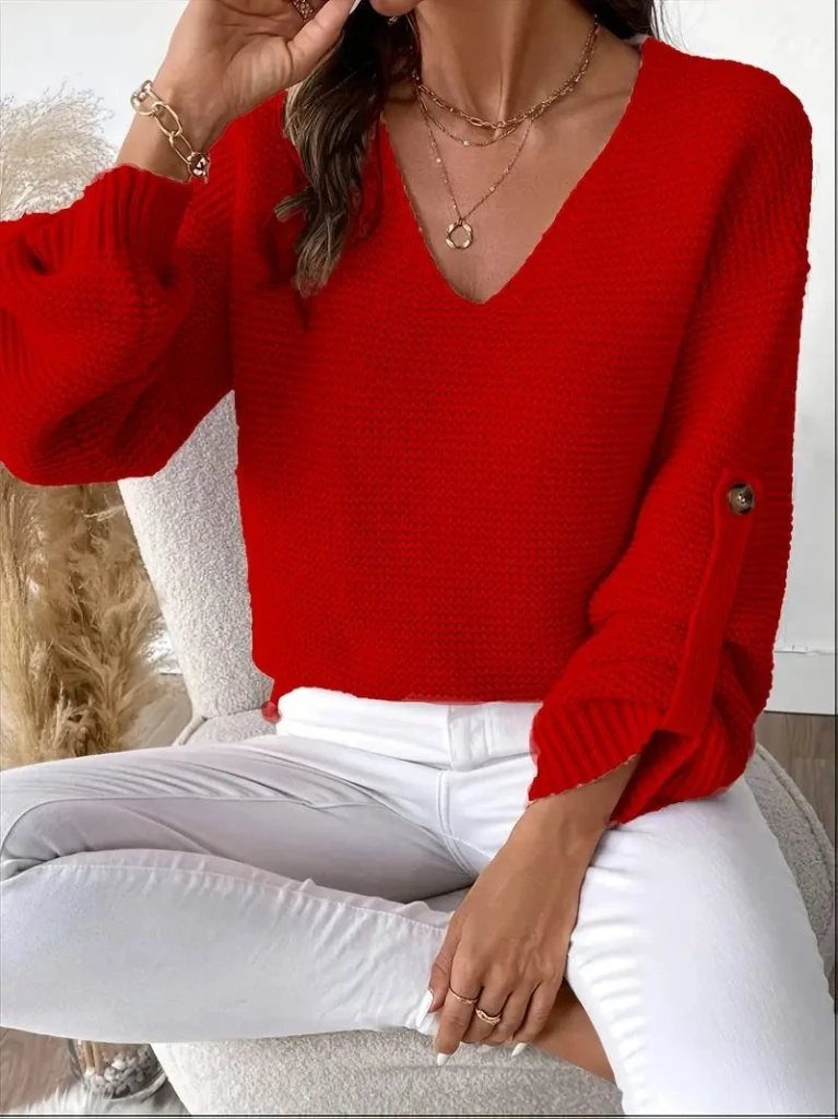 Kadın Uzun Kollu V Yakalı Düğmeli Triko Bluz