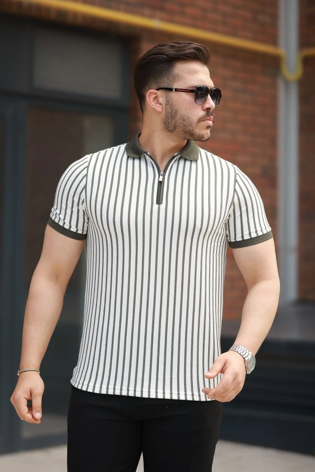 Erkek çizgili Fermuar Yakalı Kısa Kollu Tişört