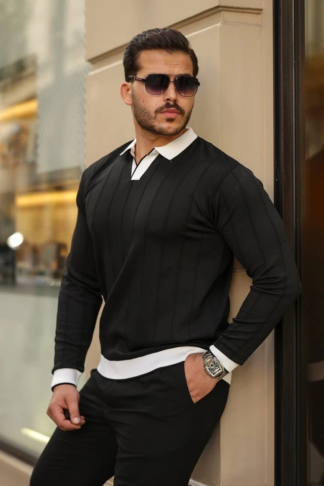 Erkek Renkli Yaka Manşet Uzun Kollu Triko