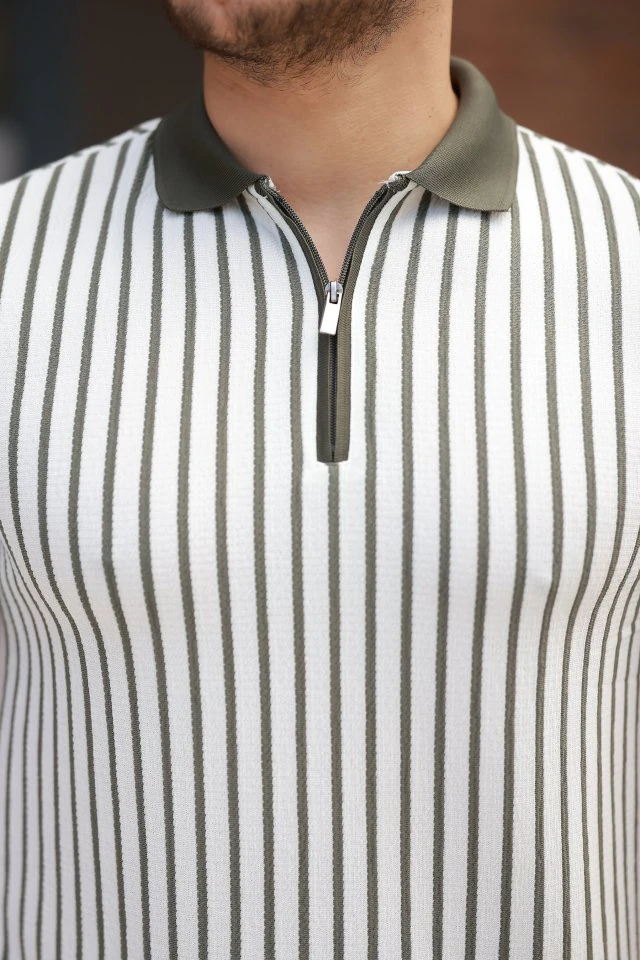 Erkek çizgili Fermuar Yakalı Kısa Kollu Tişört