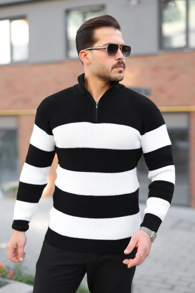 Erkek Şerit Renk Desenli Zip Yaka Kazak