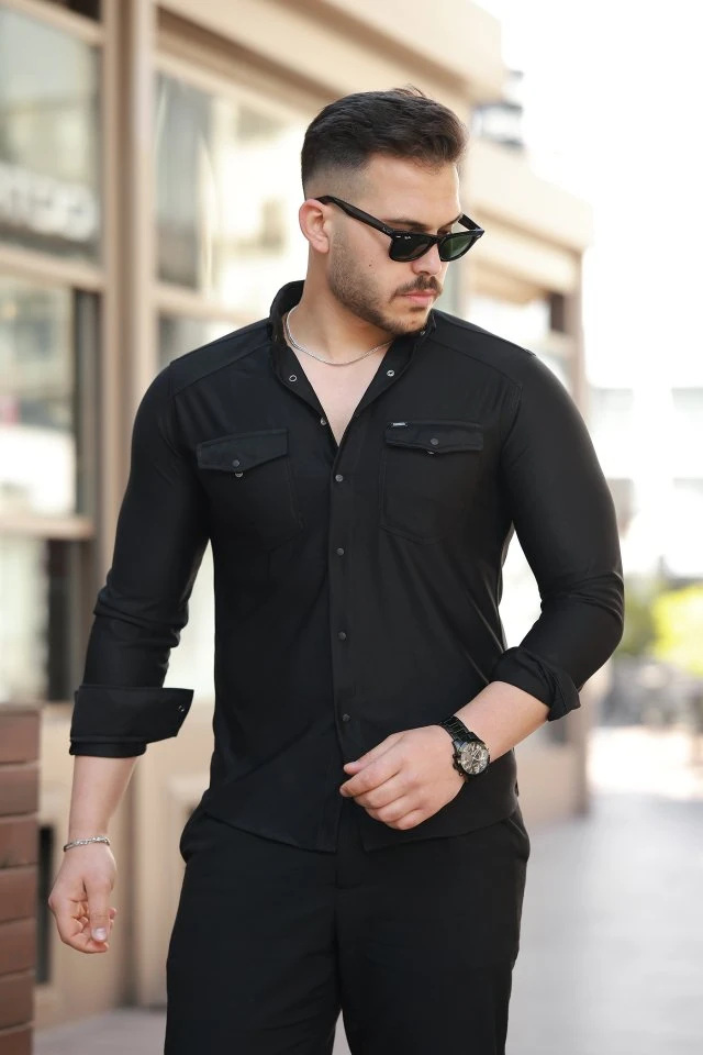 Erkek çift Cepli çıtçıt Düğmeli Uzun Kollu Gömlek