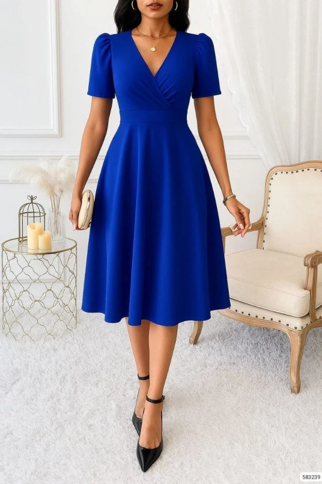 Kadın Kruvaze Yaka Kısa Kollu Midi Boy Krep Kumaş Elbise