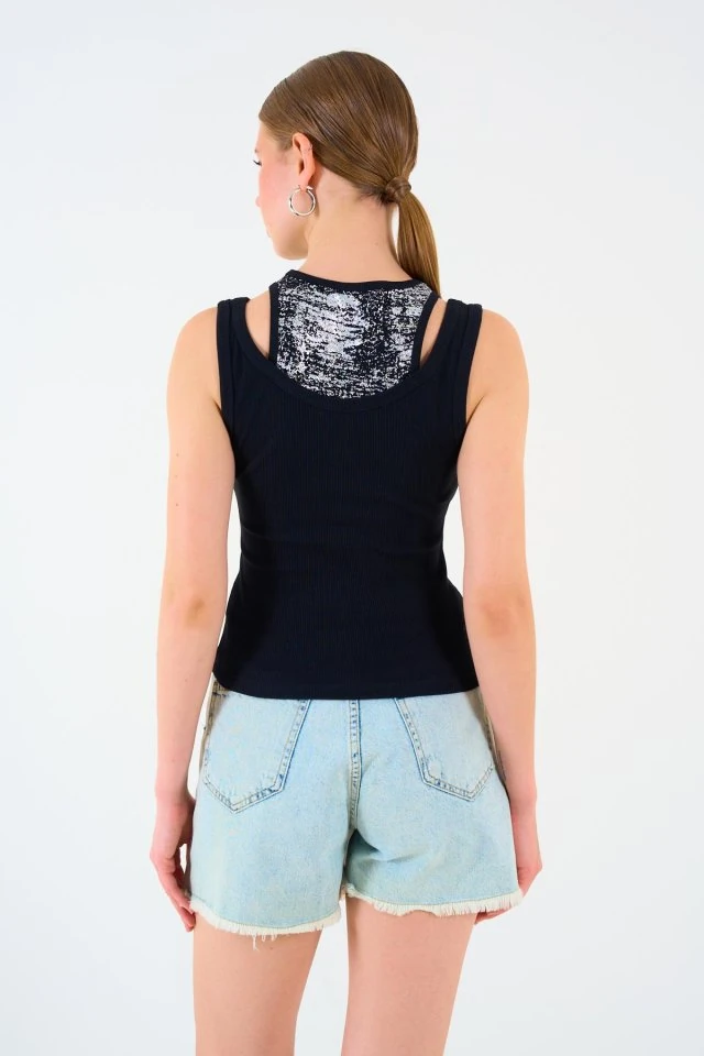 İçi Baskılı Halter Yaka Kaşkorse Atlet - Siyah