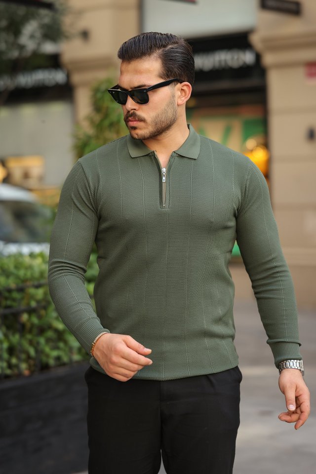 Erkek Pirinç Desenli Uzun Kollu Yakalı Triko