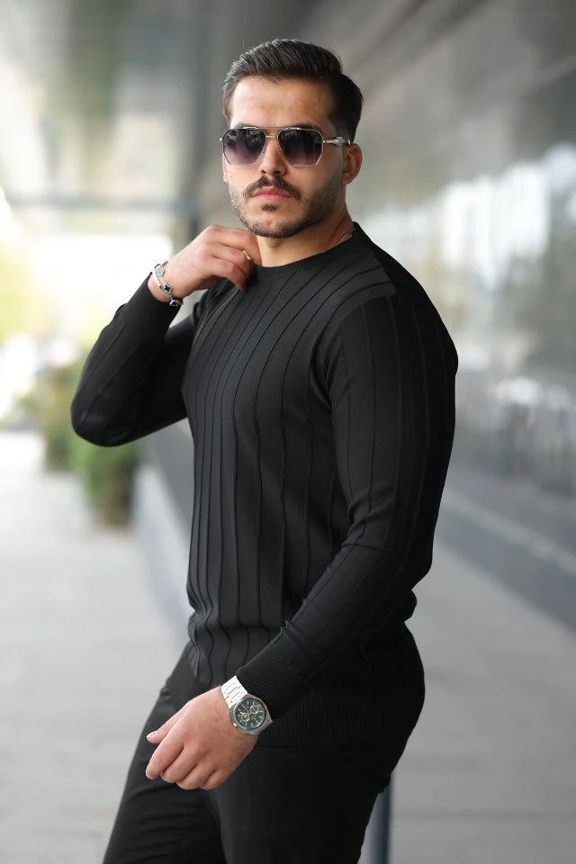 Erkek Bisiklet Yaka çizgi Kabartmalı Uzun Kollu Triko