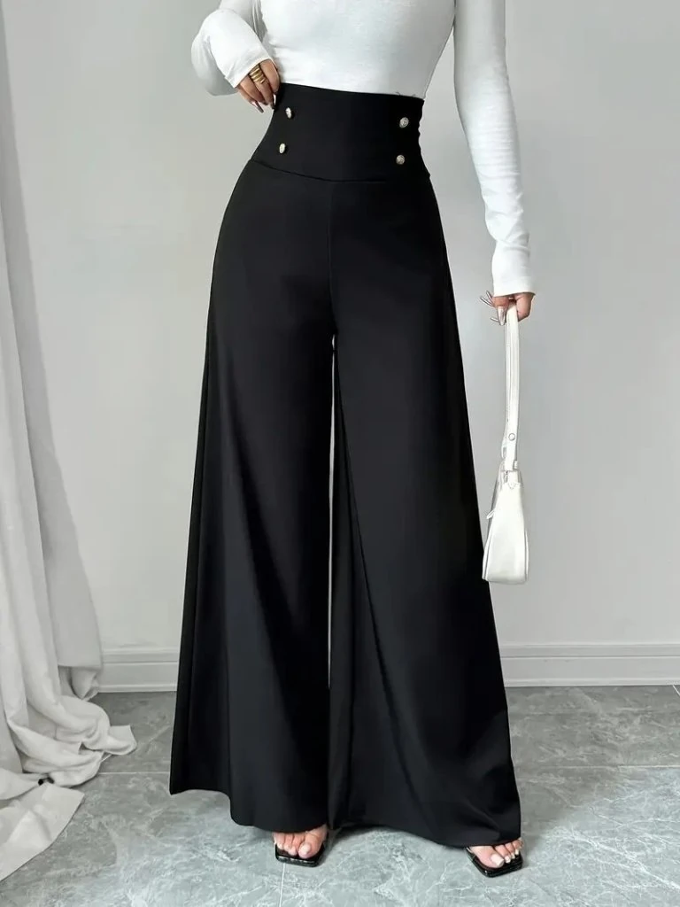 Kadın Yüksek Bel Düğmeli Geniş Paçalı Ithal Krep Pantolon