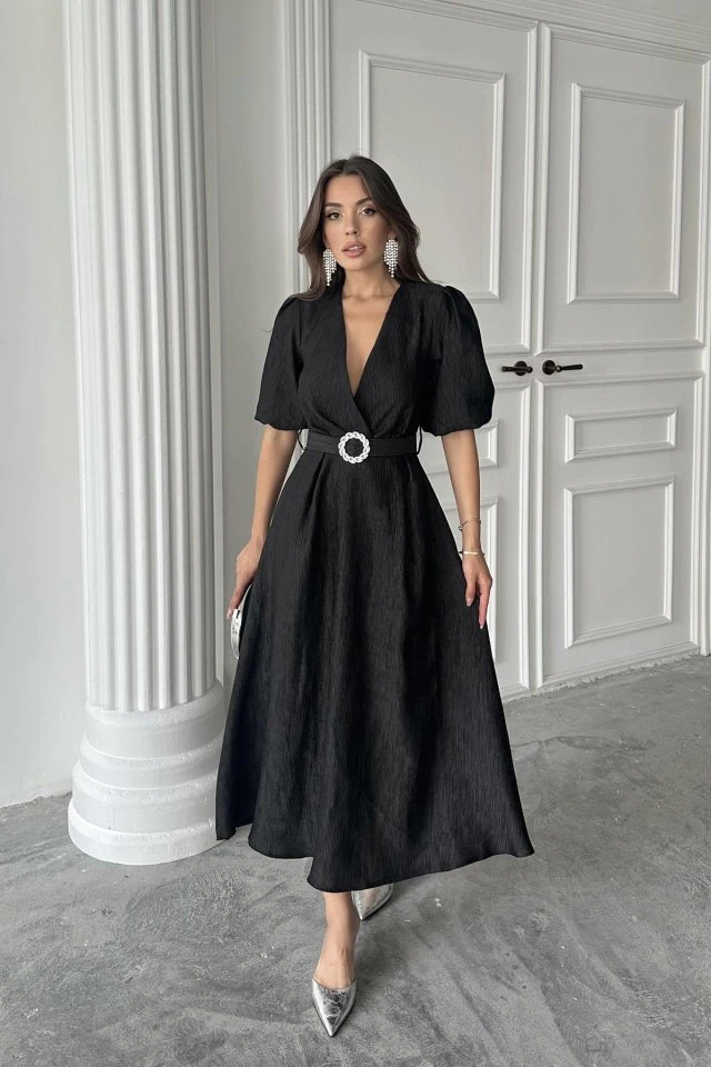 Siyah Işıltılı Kemerli Kruvaze Elbise