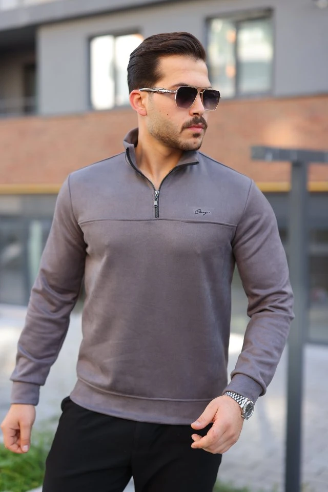 Erkek Süet Yarım Fermuar Dik Yaka Sweat