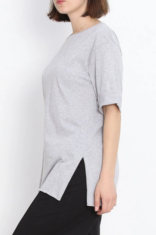 Büyük Beden Duble Kol Tişört Gri  