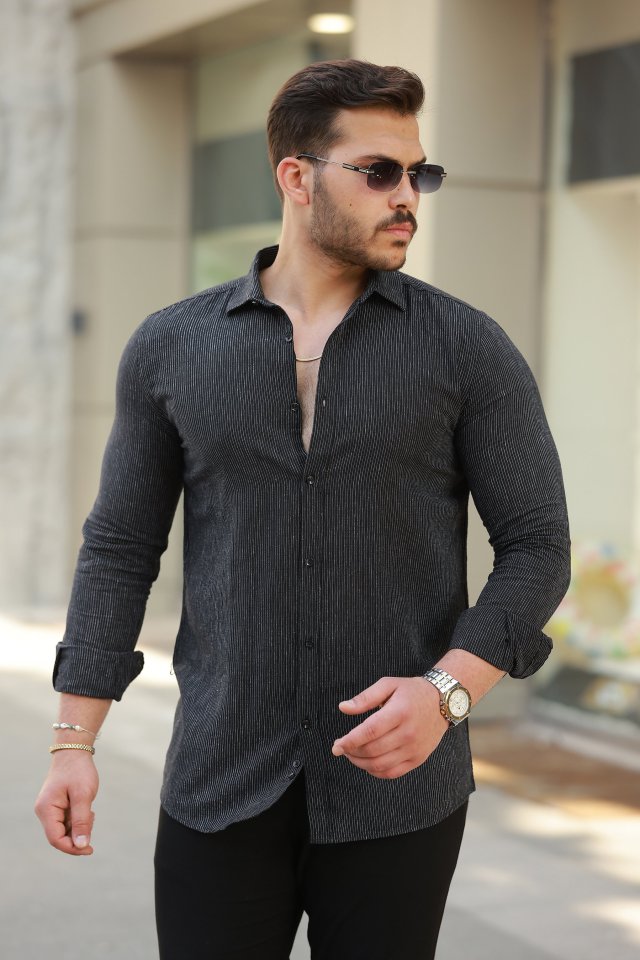 Erkek çizgi Desenli Uzun Kollu Pamuklu Keten Gömlek